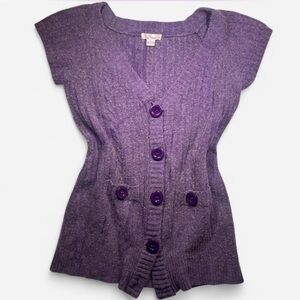 Vintage Y2K Purple Short-Sleeved Wool V-Neck Cardigan Sweater w/Pockets Sz L
